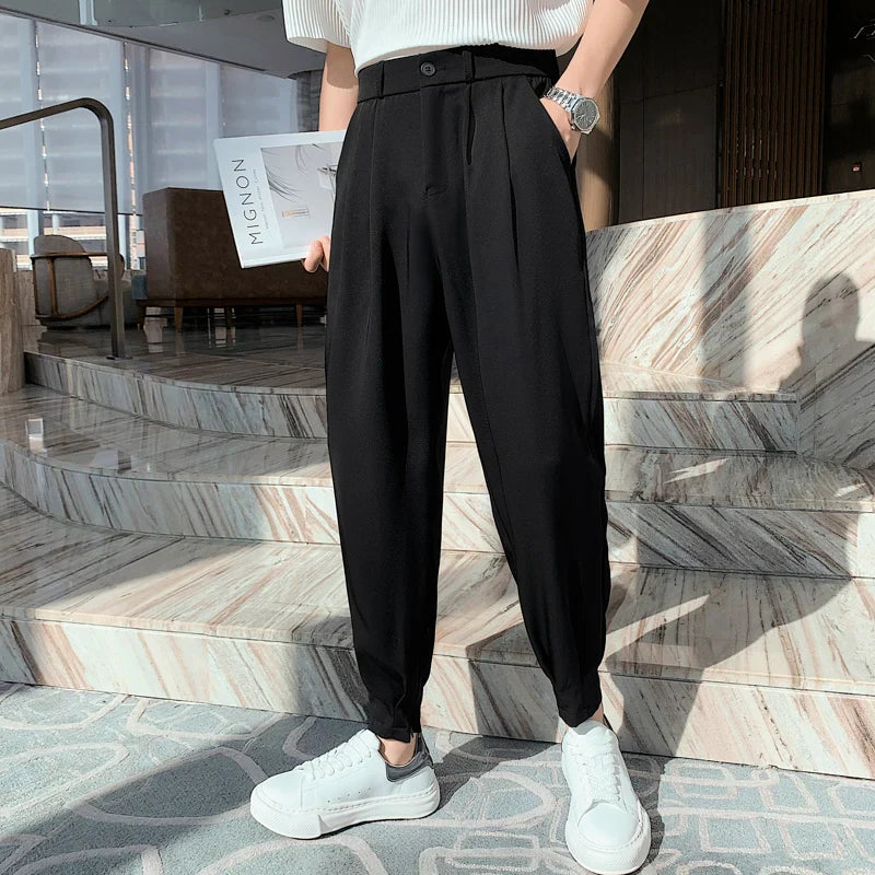 Hehope New Fashion Spring Summer Pants Men Tapered Bottom Slit Trousers Korean Style White Khaki Black Elastic Waist Casual Pants Man