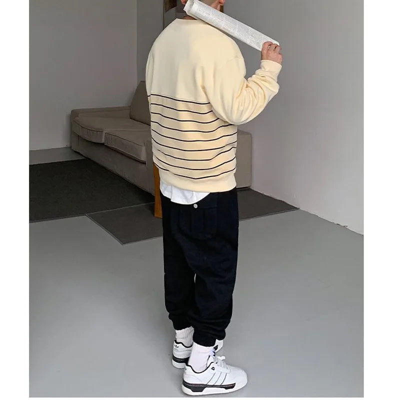 Hehope Spring and Autumn Men's Fashion Simple Round Neck Spliced Stripe Long Sleeve Loose Casual Thin Versatile Sweater T-shirt