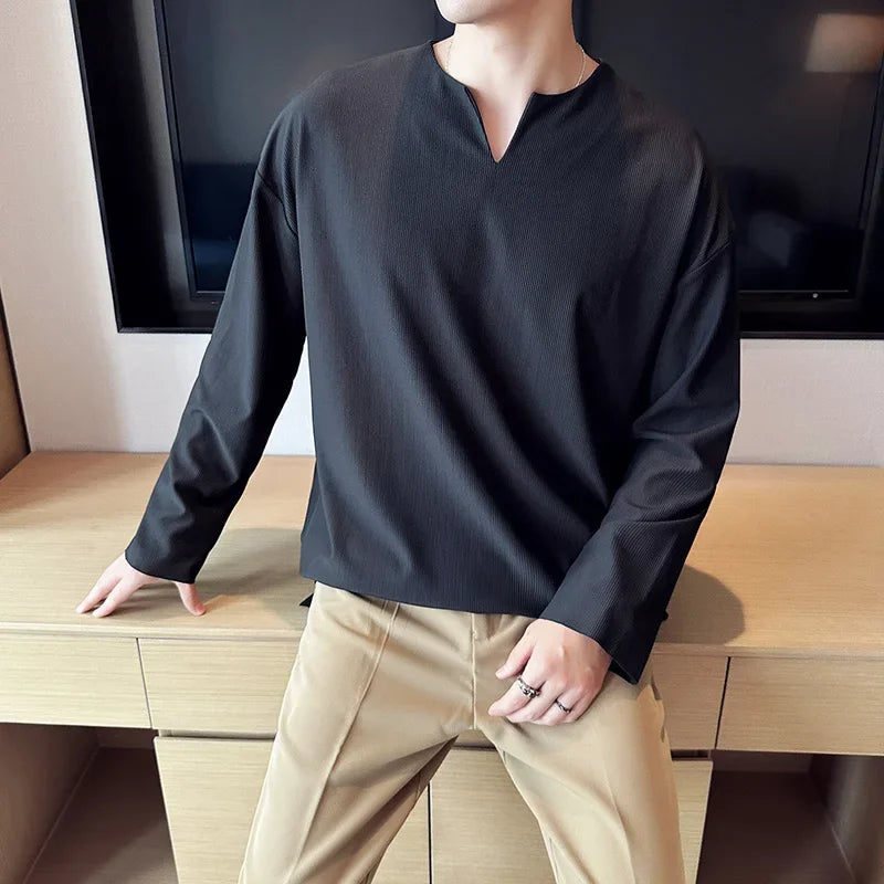 Hehope Men Long Sleeved T Shirt Solid Color V Neck Long Sleeve Thin Loose Casual Black T Shirt Streetwear Fashion Men Clothing