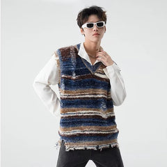 Hehope Vintage Gradient Stripe Baggy Knitted Sweater Vest Washed Ripped Red Sweater Tank Top Y2k Tie Dyeing V-Neck Sleeveless knitwear