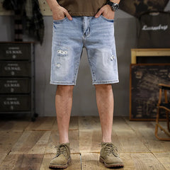 Hehope Summer Thin Scrape Ripped Men's Jeans Shorts 2024 New Retro Distressed Slim Straight Ins Washed Light Blue Cropped Pants