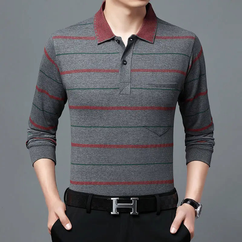 Hehope Fashion Men New Business Striped Polo Shirts Korean Spring Autumn Casual Long Sleeve Lapel Pockets Male Clothes Cotton Tops