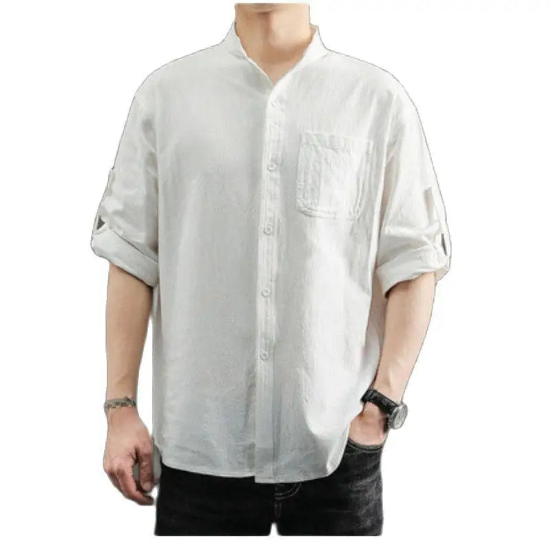 Hehope Solid Colors Long Sleeve Shirts Chinese Style Wear Stand Collar Loose 100% Cotton White Black Shirt Short Sleeve Shirt M-5Xl