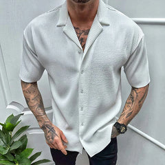 Hehope Leisure Solid Color Ribbed Shirts Men Clothes Fashion Short Sleeve Lapel Button Shirt 2023 Spring Summer Men's Casual Streetwear