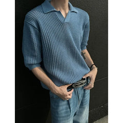 Hehope Summer High Quality Men Clothing Blue Knitted Polo Men's Short Sleeve Tee Casual Korean Fashion Lapel Niche Polo T Shirt for Men