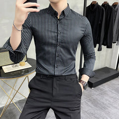 Hehope Mens Striped Shirts Spring New Long Sleeve British Style Solid Color Casual Long Sleeve Dress Shirts Brand Mens Clothing