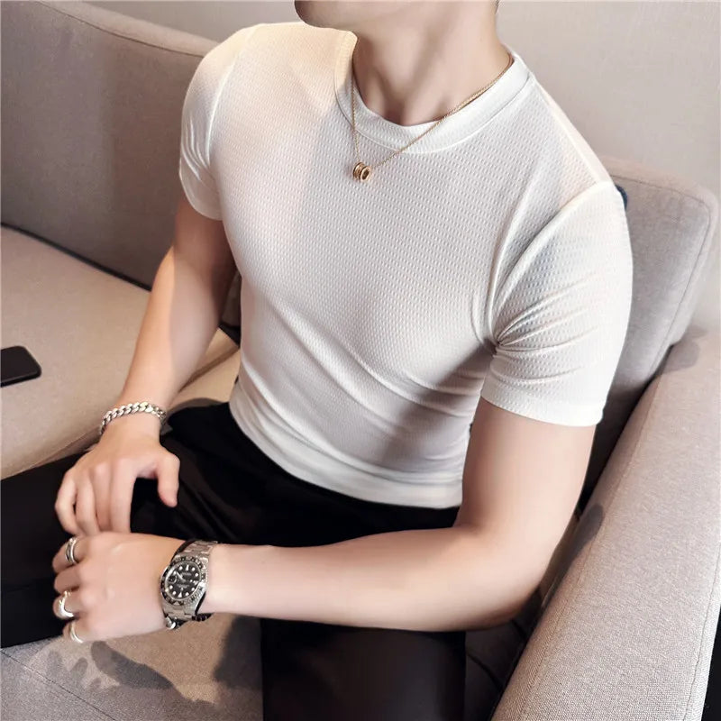 Hehope Men T Shirt Summer New Thin Ice Silk Solid Casual Short Sleeved Elastic Slim Fit T-shirt Tops Korean Fashion Men Clothing