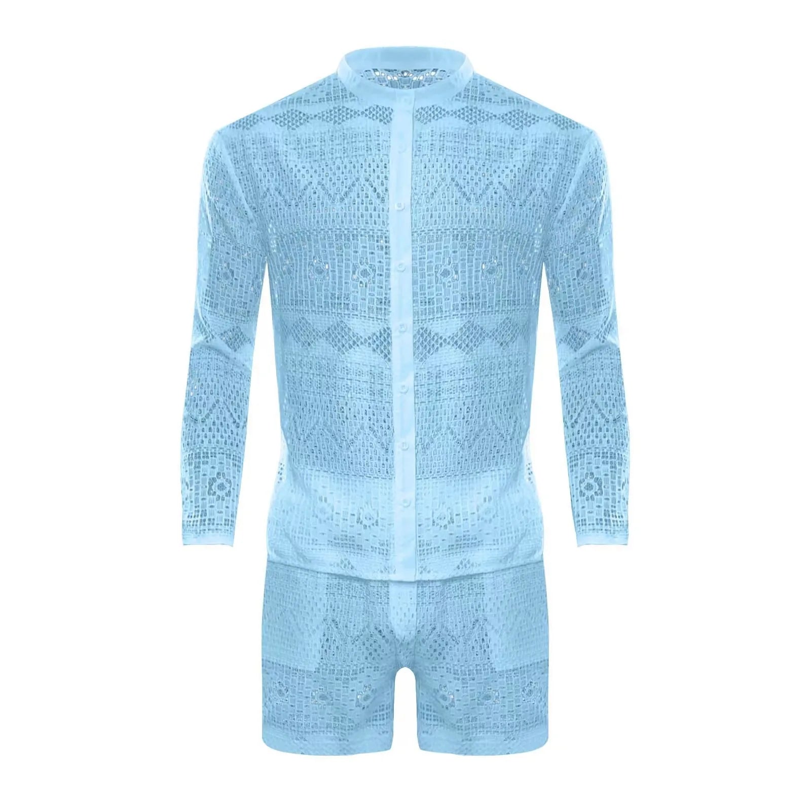 Hehope New Summer Men Two Piece Suits Sexy See Through Lace Outfits Beach Fashion Plain Pattern Print Long Sleeved Tops And Shorts Set