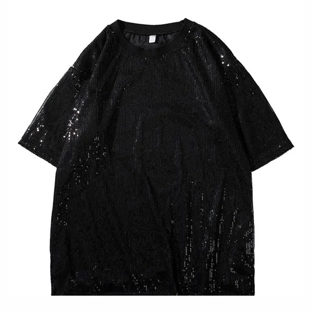 Hehope Mens Sequin Casual T-shirt Genderless 2024 New Fashion Nightclub Personality Versatile Performance Short-sleeved Top Unisex