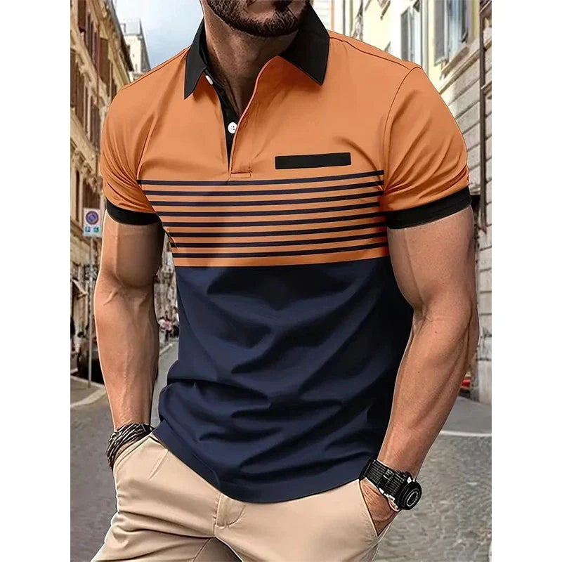 Hehope Summer New Casual Fashion Versatile Polo Shirt Men's Lapel Button Color Block Print Patchwork Striped Ventilate Long Sleeved Top