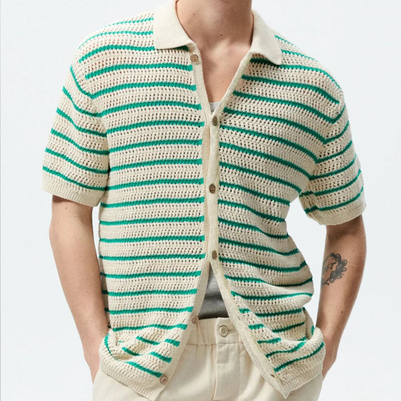 Hehope 2024 Summer Casual Wear Mens Knitted Shirt Striped Jacquard Breathable Knit Tops For Men Fashion Button Turn-down Collar Shirts