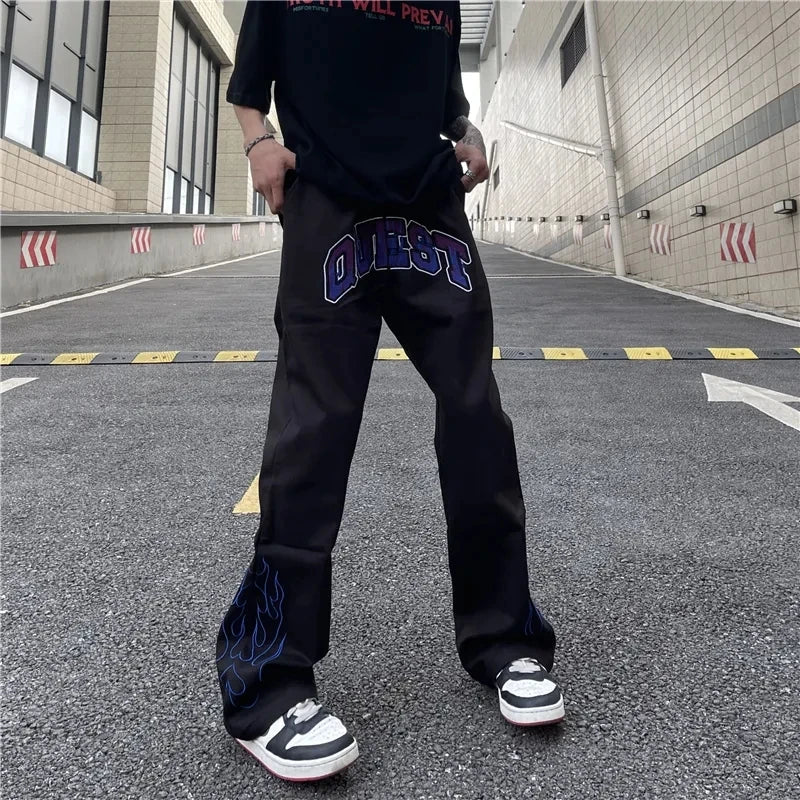 Hehope Y2K Retro Street Print Alphabet Star Jeans Men and Women Hip-hop High Street Spring and Autumn Loose Straight Drag Casual Pants