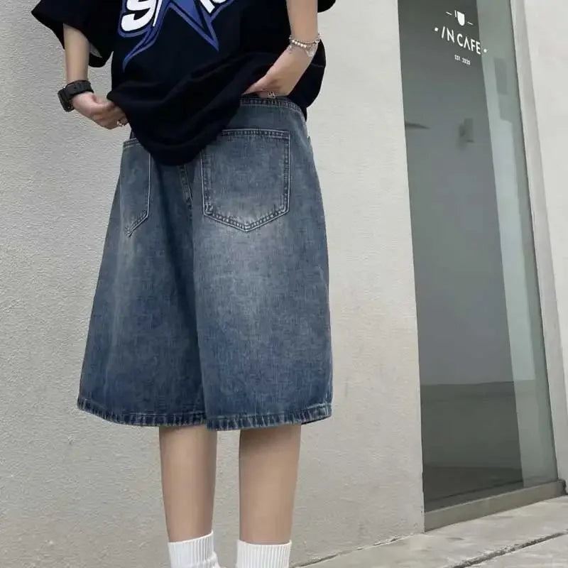 Hehope High Street Retro Blue Jeans Shorts Summer New Baggy Wide Leg Denim Half Pants Fashion Streetwear Y2k Clothing Oversize Man