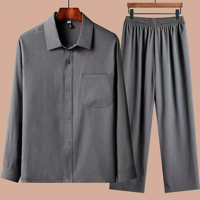 Hehope Spring Summer Men Long Leeve Shirt Long Pants 2-piece Set For Male Outfits Clothes Men Loose Casual Lce Silk Cotton Linen Suit