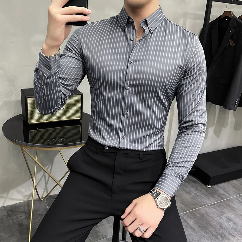 Hehope Mens Striped Shirts Spring New Long Sleeve British Style Solid Color Casual Long Sleeve Dress Shirts Brand Mens Clothing