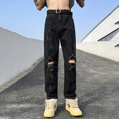 Hehope 2024 Summer Black Ripped Jeans Mens Scratched Mid Rise Punk Fashion Straight Leg Jeans Retro Streetwear Men Clothing