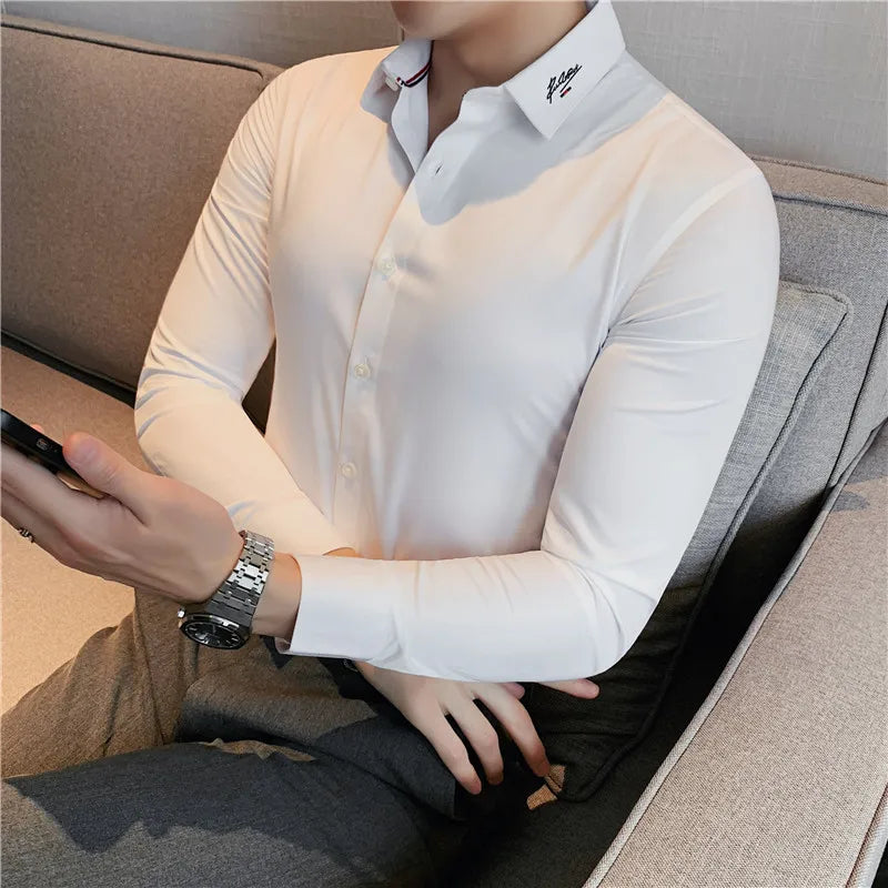 Hehope British Style Men Long Sleeved Shirt 2024 Autumn Anti-wrinkle Soft Solid Casual Elastic Slim Fit Camisas Y Blusas Men Clothing