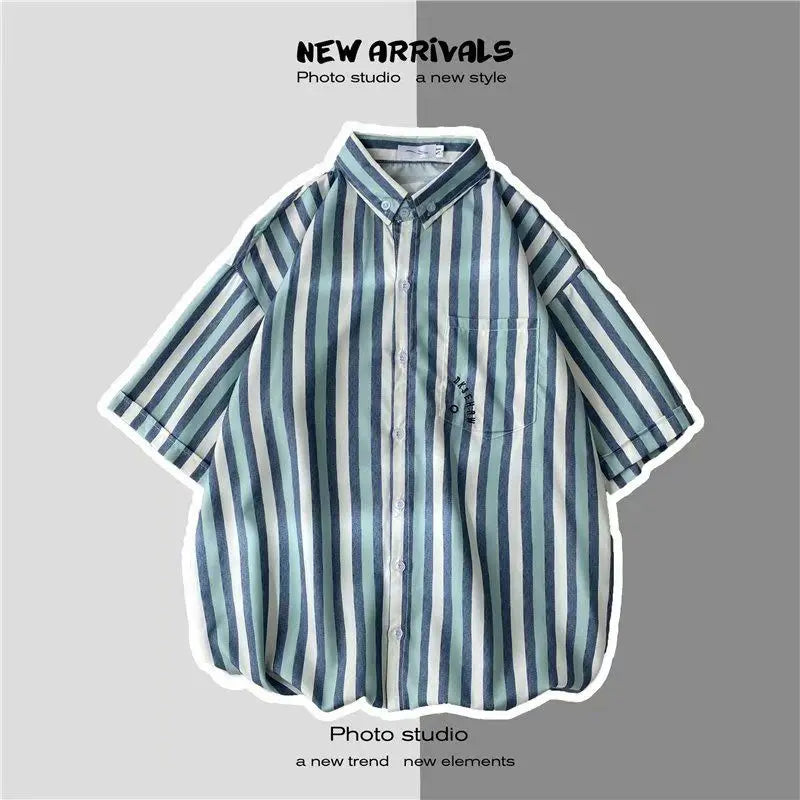 Hehope Summer New Fashion Turn-down Collar Short Sleeve Shirt Man High Street Vertical Stripe Single Breasted Personality Tops