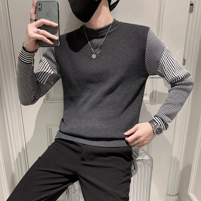 Hehope Spring Autumn New Fashion Round Neck Long Sleeve Pullovers Men's Clothing Patchwork Pocket Knitting Bottoming Shirt Casual Tops