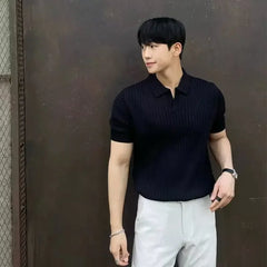 Hehope 2024 Summer Men's Ice Silk Lapel Polo Short Sleeve Thin Fashionable V-neck Striped Knit Base Layer Top Men's Shirt