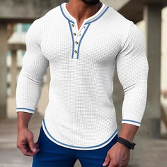 Hehope Men's Waffle Henry Neck Button T-shirt Tops Vacation Long Sleeve Casual Fashion Patchwork Color Slim Fit Muscle Men Tshirts