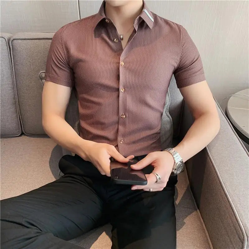 Hehope Summer High Quality Striped Ribbon Short Sleeve Shirt Men's Slim Fit Business Formal Wear Blouse Streetwear Plus Size 4XL-M