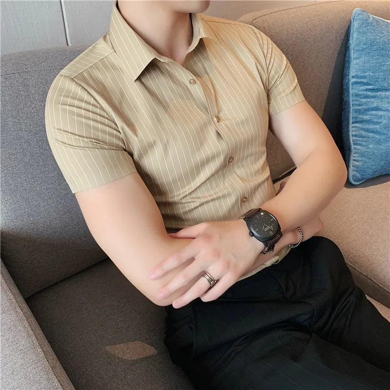 Hehope High Quality Ice Silk Traceless Striped Shirt Men's Summer Short Sleeve Slim Casual Business Shirts Tuxedo Men Clothing 4XL-M