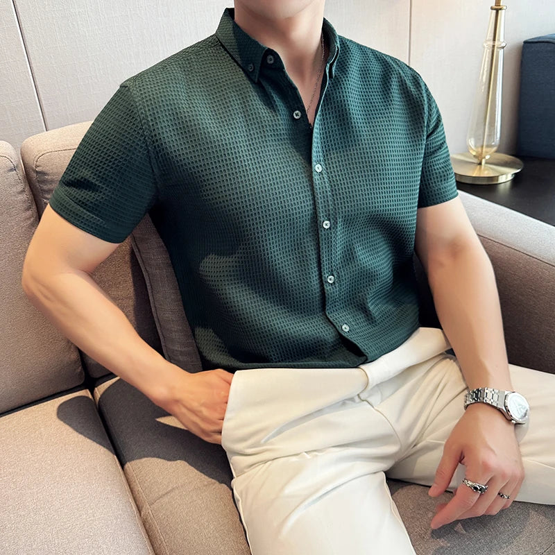 Hehope Men Waffle Shirt Short Sleeved 2024 Summer New Thin British Style Business Solid Casual Non Iron Slim Fit Shirt Men's Clothing