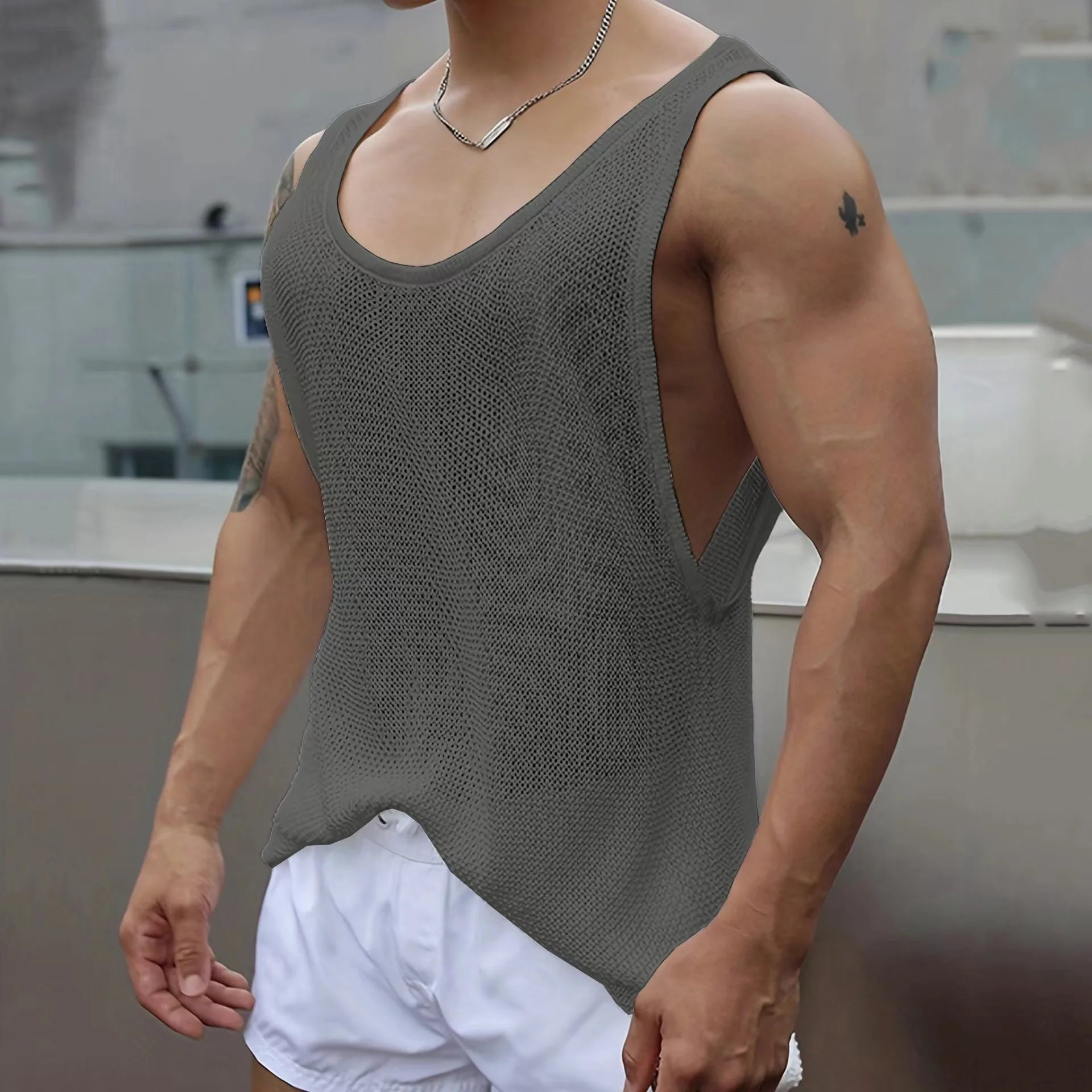 Hehope Summer Thin Knit Vest Men Loose Sleeveless T-shirt Tank Top Sexy Solid Color Hollowed Out Tees Tshirts Knitwear Clothing For Men