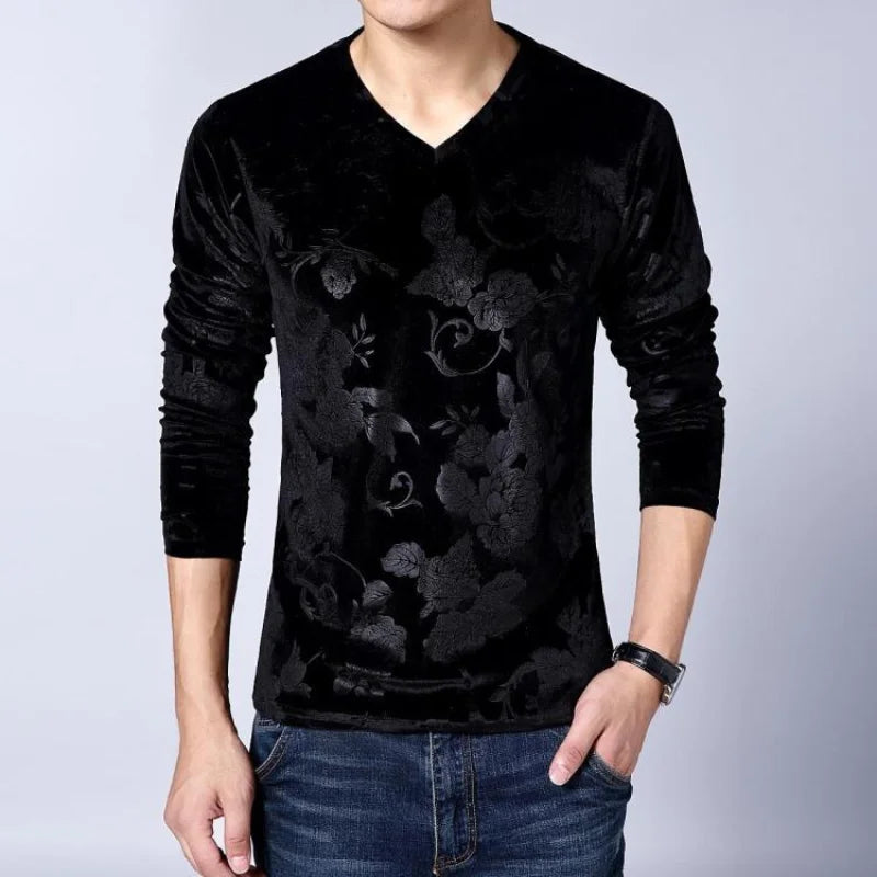 Hehope New Men's Clothing Shirt V-Neck Long Sleeve Spring Autumn Slim Fashion Casual Bold All-match Comfortable Pullovers