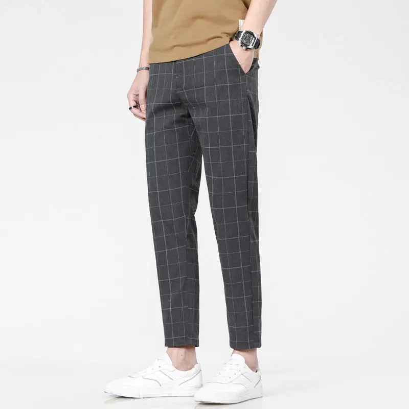 Hehope Fashion Minimalist Summer Casual Pants Men Elastic Plaid Thin Style Pockets Business Versatile Straight Ankle Length Trousers