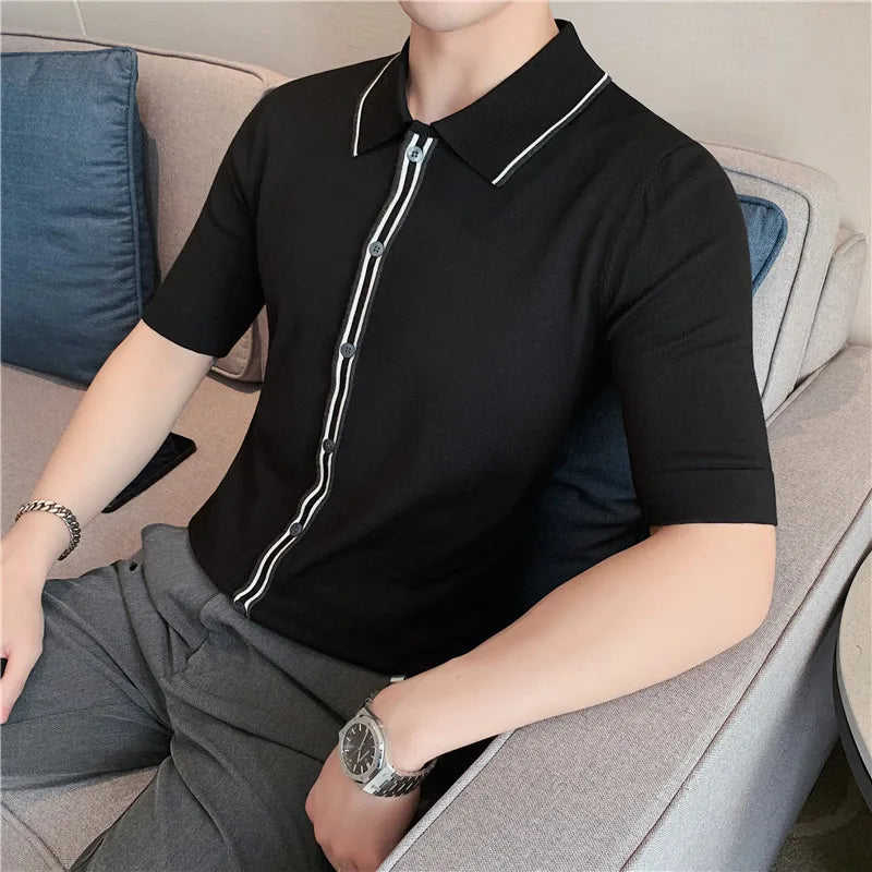 Hehope Men Polo Shirt Summer New Thin Ice Silk Elastic Casual Slim Fit Knitted Short Sleeve Polo Shirts British Style Men Clothing