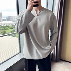 Hehope Men Long Sleeved T Shirt Solid Color V Neck Long Sleeve Thin Loose Casual Black T Shirt Streetwear Fashion Men Clothing