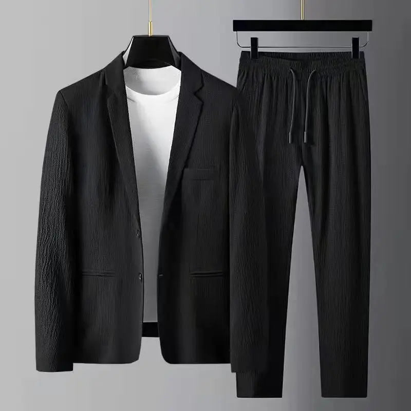 Hehope Spring Autumn Pleated Sets Men Fashion Casual Solid Long Sleeve Blazer And Trousers Two-piece Men Suits Korean Loose Clothing