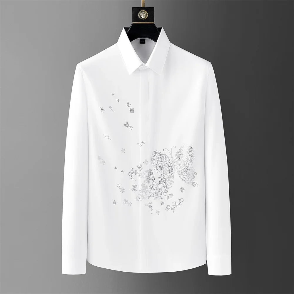 Hehope Brand Autumn Butterfly Rhinestone Men's Shirt Handsome Long Sleeve Casual Shirts Slim Fit Business Social Party Blouse 5XL