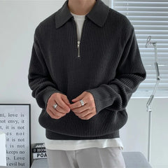 Hehope Fall New Mens Knit Sweater Long Sleeve Zipper Lapel Pure Color Knitted Sweatshirts Casual Fashion Sweaters Jumper Tops Men