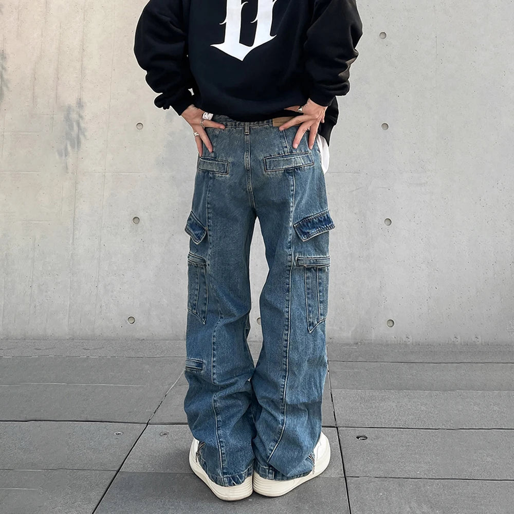 Hehope Cargo Jeans Men Big Pocket Loose Autumn Vaqueros Pantalones Hombre Streetwear Casual Blue Trousers Y2k Baggy Winter Denim Pants