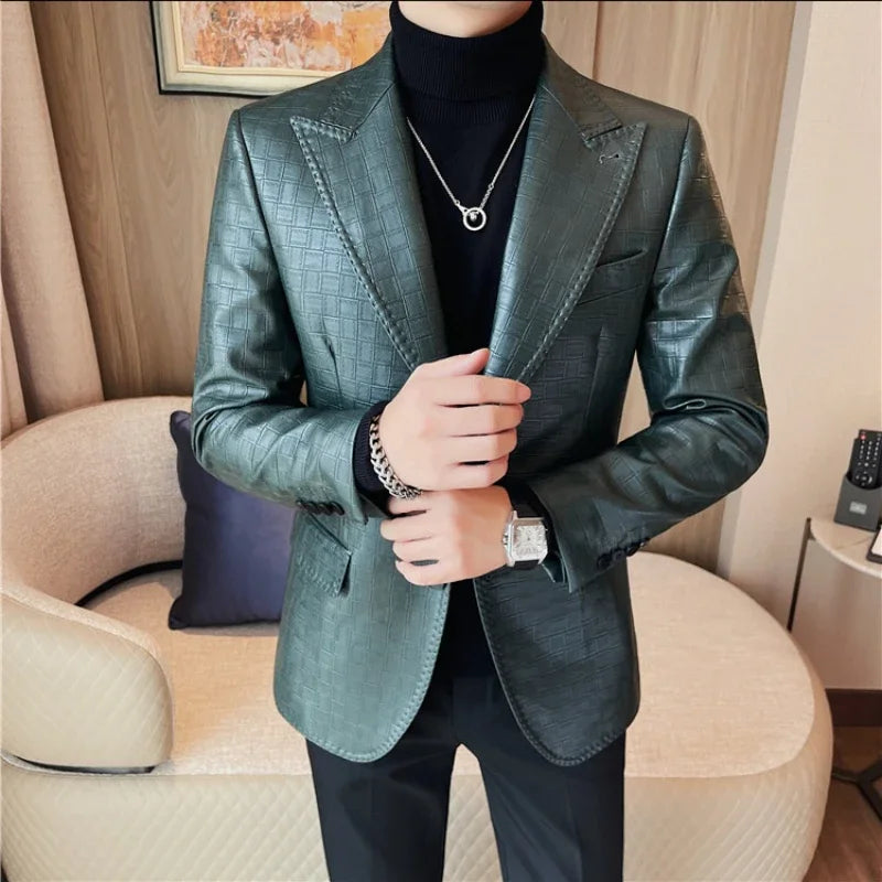 Hehope Autumn Winter Checkered Leather Jacket Men Business Slim Fit Casual Blazer Party Stage Singer Social Dress Coat Streetwear