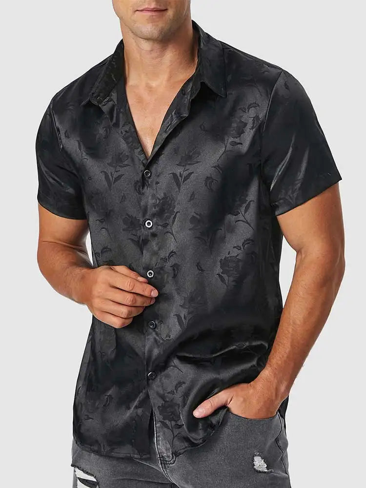 Hehope Satin Shirts for Men Jacquard Silky Rose Printed Short Sleeve Shirt Summer Streetwear Loose Essential Tops