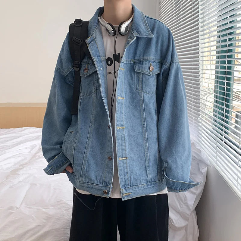 Hehope Black Denim Short Jacket Men Turn Down Collar Bomber Jacket Jeans Coats Casual Pockets Overalls Streetwear Man Clothing Outwear