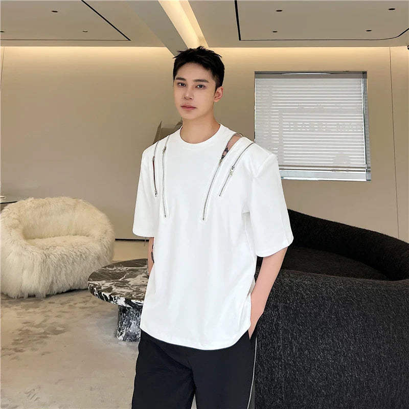 Hehope Korean Fashion Zipper Decoration T-shirt Men Short Sleeve Loose Oversized Tshirt Hip Hop Harajuku Streetwear Tee Tops