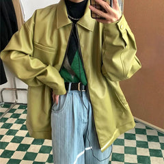 Hehope 2024 Mens Autumn Winter New Unisex 2k Retro Solid Color Green Leather Jacket Motorcycle Casual Loose Zipper Lapel Street Coat