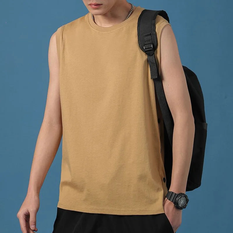 Hehope Summer New Sleeveless Men's Clothing Round Neck Spliced Button Solid Color All-match Trend Sports Loose Korean Version Vest