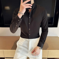 Hehope Men Shirt Spring White Solid Casual Long Sleeve Shirt Anti-wrinkle Soft Formal Elasticity Slim Fit Camisa Masculina