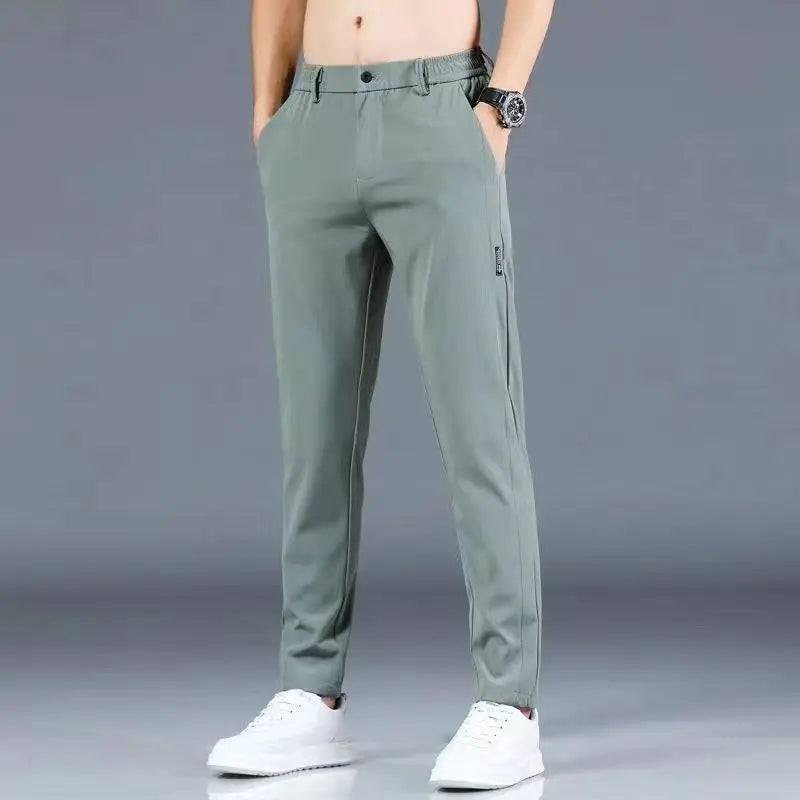 Hehope Summer Ice Silk Men Thin Straight Suit Pants Streetwear Fashion Business Casual Big Size Elastic Waist Versatile Sports Trousers