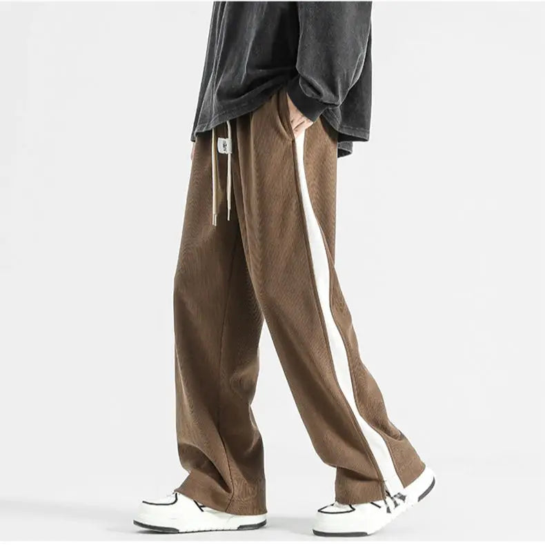 Hehope Autumn Winter Casual Soft Men Elastic Loose Drawstring Sweatpants Pants Warm College Style Corduroy Warm Striped