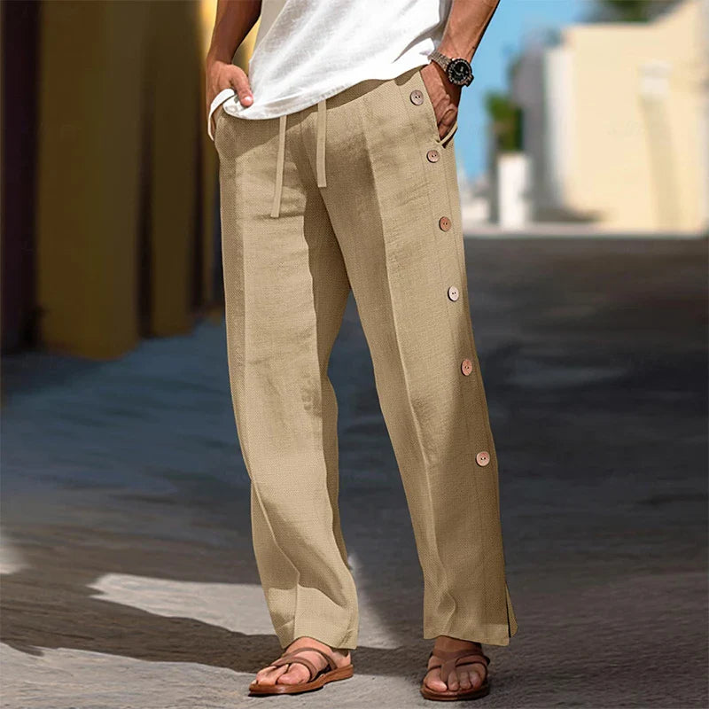 Hehope 2024 Summer Men's Casual Pants Beach Leisure Breathable Loose Solid Color Trousers For Men Fashion Side Buttoned Straight Pants