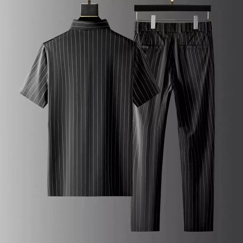 Hehope New Short-sleeve Thin Stripe Shirt + Trousers Two-piece Suit Mens Short Sets Business Casual Outfits Men Summer Luxury Clothing