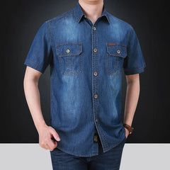 Hehope Summer New Simple Polo Collar Men Denim Short Sleeve Shirt Comfortable Thin Mens Top Casual Loose Male Shirts