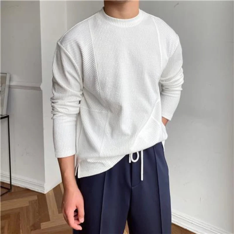 Hehope British Thick Pit Striped Round Neck Long Sleeve T-shirt Japanese Korean Edition Simple Casual Breathable Bottoming Shirt Men